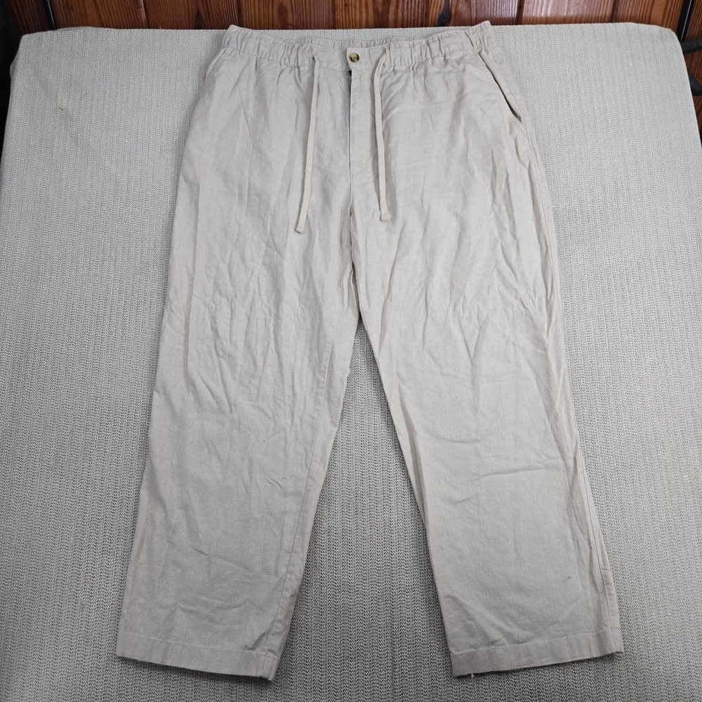 Island Passport Pants Womens 1X Beige Linen Drawstring Elastic Waist Casual